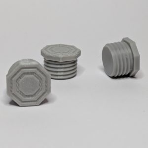 Three gray 3D printed multiboard bolts with 13mm large thread and flat octagonal heads