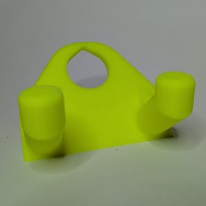 Bright yellow-green 3D printed multiboard hammer hook with cylindrical holders and mounting hole