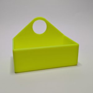 Lime green 3D printed multiboard tape measure holder with circular handle opening and triangular profile
